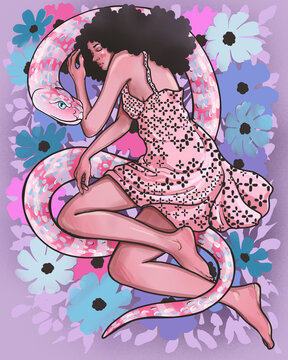  beautiful girl with lush dark hair sleeps hugging a snake