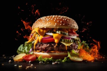 Exploding burger with vegetables and melted cheese on black background
