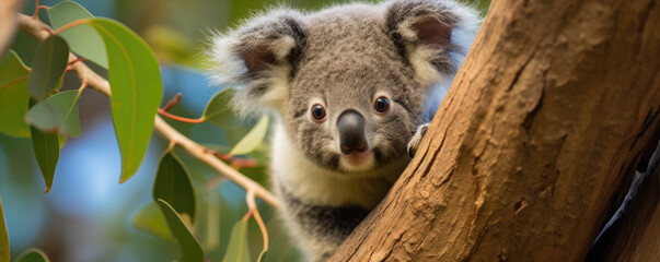 Koala on tree in natural habitat. Portrait of koala in sunshine backlight.