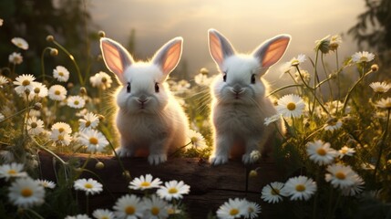 Rabbits in the meadow with daisies. Easter background