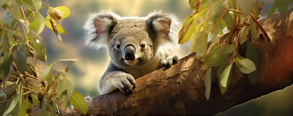Koala on tree in natural habitat. Portrait of koala in sunshine backlight.