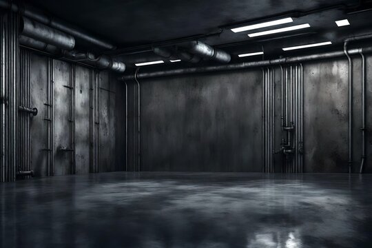 Industrial background. Grunge industrial pipe wall. Dark wall concrete garage room modern background scene 3d render
