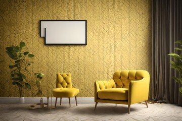 An inviting room with a yellow chair as the focal point, set against a backdrop of an HD 8K wallpaper. The chair exudes comfort with its plush cushioning and stylish design.