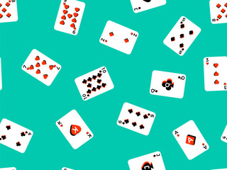Seamless pattern with playing cards on a green background. Playing cards with suits in 3d style. Design for wallpapers, advertising banners and posters. Vector illustration