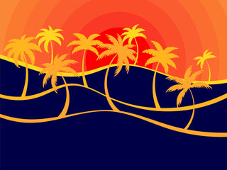 Fototapeta na wymiar Landscape with a linear wavy landscape with silhouettes of palm trees against the sunset. Landscape in a minimalist style in orange on a black background. Vector illustration