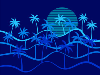 Fototapeta na wymiar Wavy linear landscape with silhouettes of palm trees and a blue sun in the style of the 80s. Landscape in line art style in blue color on a black background. Vector illustration