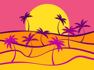 Fototapeta premium Wavy desert landscape with sun and palm trees. Sunrise in the desert, sand dunes with silhouettes of palm trees. Design for print, banners and posters. Vetornaya illustration