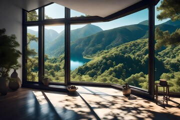 landscape nature view background. view from window at a wonderful landscape nature view, 3d render