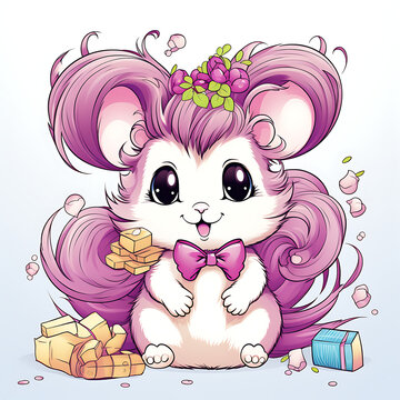 Cute Hamster experimenting with different hairstyles and hair accessories, white background model 7
