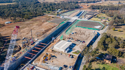 Aerial drone view of the construction site of the new metro station at Orchard Hills in Western...