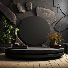 3D rendering of a dark stone platform with a round frame. AI Generative Illustration. Podium for product shoot.