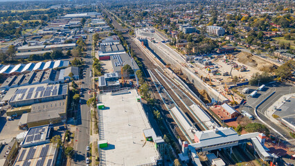 Aerial drone view of the construction site of the new metro station at St Marys in Western Sydney,...