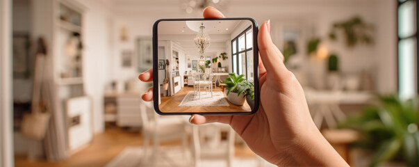 hands holding a Smartphone and take a picture of modern livingroom. Interior designer work with mobile. - obrazy, fototapety, plakaty