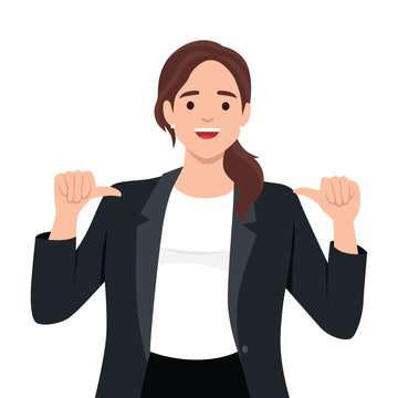 Successful business woman dressed in stylish suit with confidence, pointing herself with fingers proud and happy, high self esteem. Flat vector illustration isolated on white background