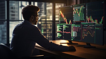 Finance trade manager analyzing stock market indicators for best investment strategy, financial data and charts