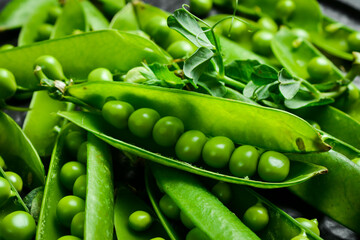 young green peas, macro photo. Top view. Green style.