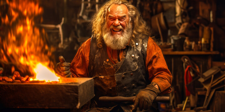 Enthralling image of grizzled old blacksmith smiling contentedly while crafting glowing metal on anvil amidst a warm forge-inspire background.
