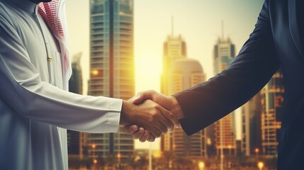 Arab Business handshake and business people on city background