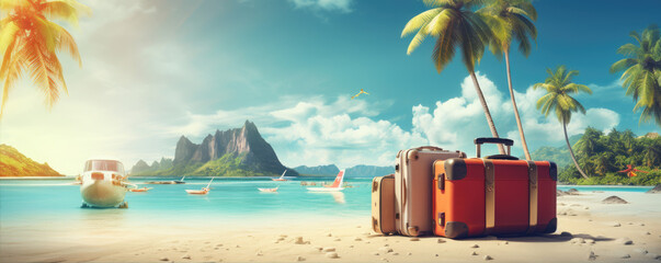 Obraz premium Suitcase with travel vacation accessories on the tropical beach. Travel concpet.