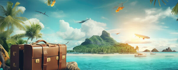 Suitcase with travel vacation accessories on the tropical beach. Travel concpet.