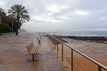 Autumn, embankment, benches, landscape, ocean, sea
