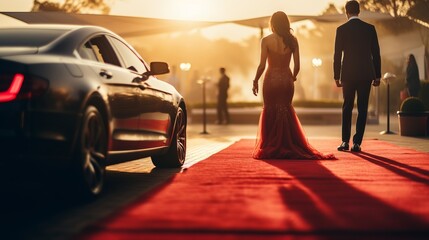Couple arriving with limousine walking red carpet, Woman in a luxurious dress on a red carpet. Blurred image - obrazy, fototapety, plakaty
