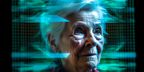 Intriguing elderly woman, richly characterized by life’s lines, effortlessly utilizes a holographic screen for conference call. Accentuated by a serene aqua backdrop.