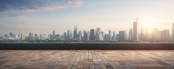 Empty roof made from bricks. Brick rooftop view on city in background