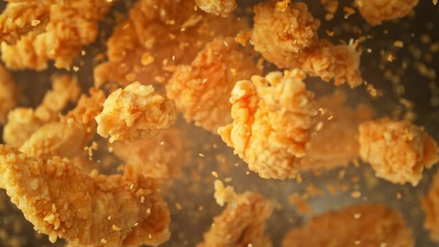 Super Slow Motion Shot of Flying Chicken Sprips Towards Camera on Black Background at 1000fps.