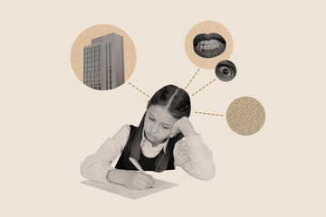 Poster artwork collage magazine of sad upset girl write test text describe city town people...
