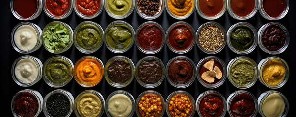 chutney set or collection in bowls on black background, top view,