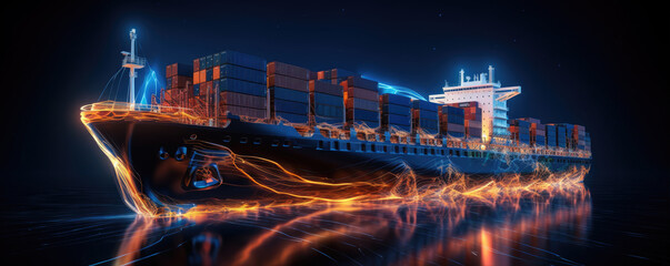 Big container ship with neon blue lights in the night. import export business logistic and transportation.