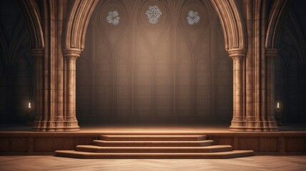 3D illustration of gothic interior with wooden stage for product display. a wooden pulpit in a dark room with a spotlight. - obrazy, fototapety, plakaty