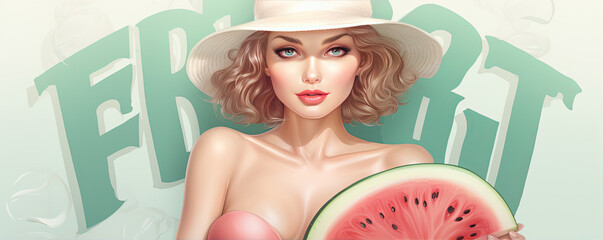 Beautiful woman posing with watermelon. copy space for your text. Stylish girl fashion holding cut water melon.