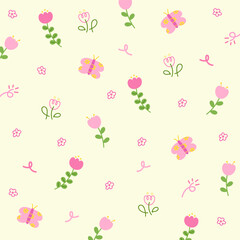 Pink flowers and butterfly for cute floral background, summer wallpaper, sweet fabric print, banner, social media post, poster, ad template, cute pattern, nature and garden backdrop, garment.