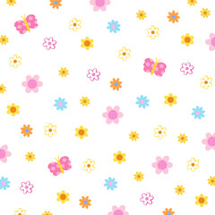 Flowers, butterfly on white background for spring, summer wallpaper, fabric, floral print, girly pattern, nature, garden, backdrop, garment, picnic blanket, duvet, plants, textile, animal