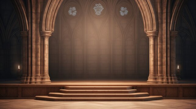 3D illustration of gothic interior with wooden stage for product display. a wooden pulpit in a dark room with a spotlight.