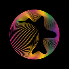 Glowing circle of neon colors of round curved shape with wavy dynamic lines isolated on black background. Circular frame light frame. Concept of future technology.