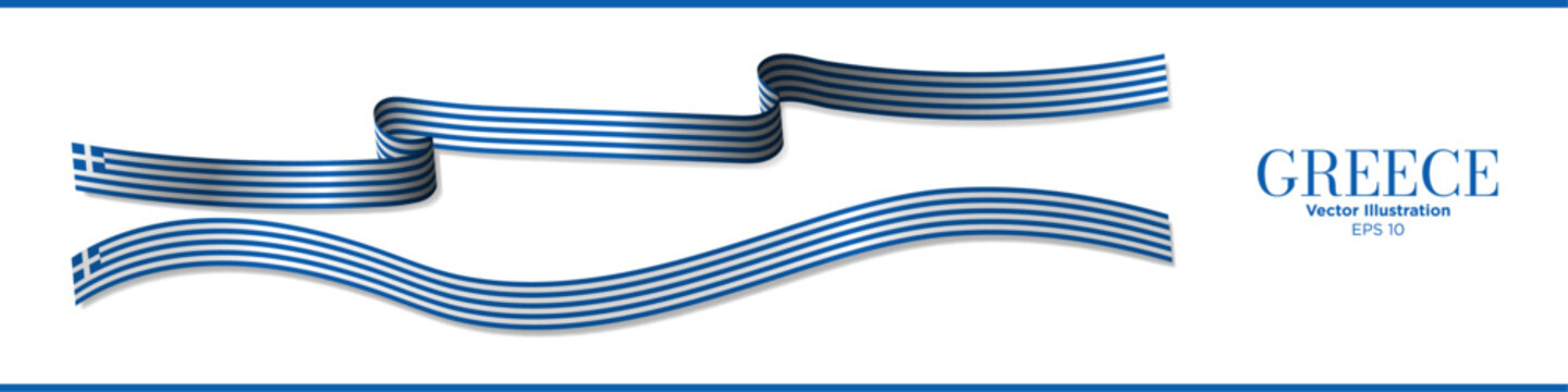 3D Greek Flag Ribbons. 3d Rendered Greece Flag Ribbons with shadows. Long Flag of Greece Set. Curled and rendered in perspective. Graphic Resource. Editable Vector Illustration.
