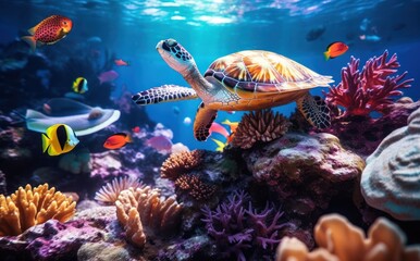 Naklejka premium Turtle with group of colorful fish and sea animals with colorful coral underwater in ocean.