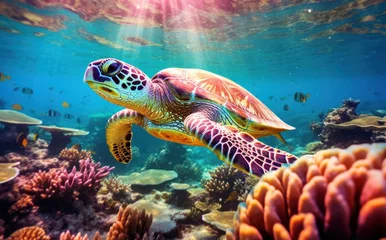 Selbstklebende Fototapete Korallenriffe Turtle with group of colorful fish and sea animals with colorful coral underwater in ocean.