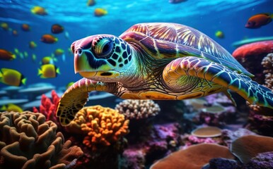 Naklejka premium Turtle with group of colorful fish and sea animals with colorful coral underwater in ocean.