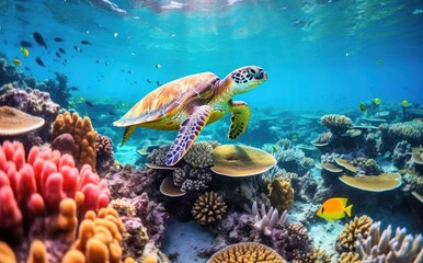Turtle with group of colorful fish and sea animals with colorful coral underwater in ocean.