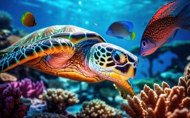 Obraz na płótnie Canvas Turtle with group of colorful fish and sea animals with colorful coral underwater in ocean.