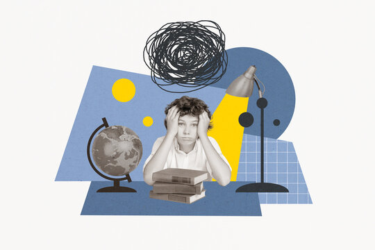 Collage photo picture of stressed schoolboy studying hands head overload depression bad mood stress isolated on white color background
