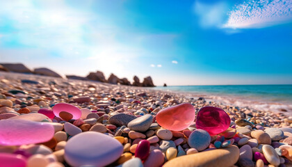 Blue Ocean Beach Paradise with Colorful Pebbles and Sea Glass