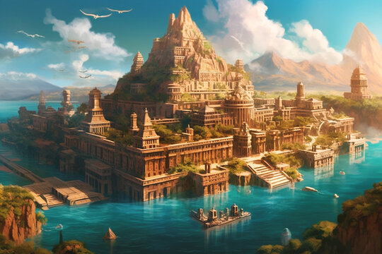 Atlantis, ancient civilization, history and mythology, legend city sunken under the water, generative AI