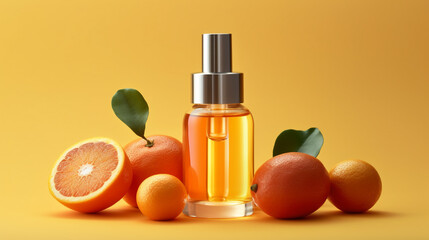 Generative AI, Vitamin C facial serum bottle, citrus perfume jar, orange fragrance, eau de toilette, beauty products, moisturizing, mockup, skin lotion, anti-aging tonic, space for text