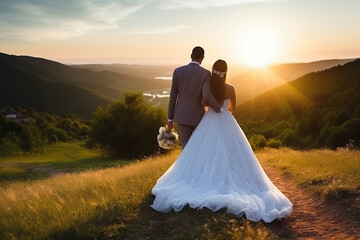 Fototapeta na wymiar Newly Wedded Bride Groom in mountains. Wedding Day Ceremony
