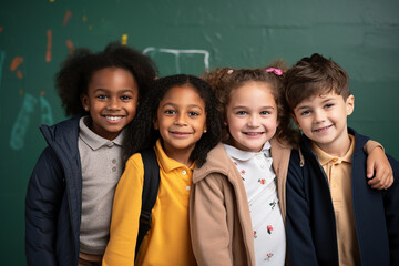 Group of diverse primary school children standing together and looking at the camera
